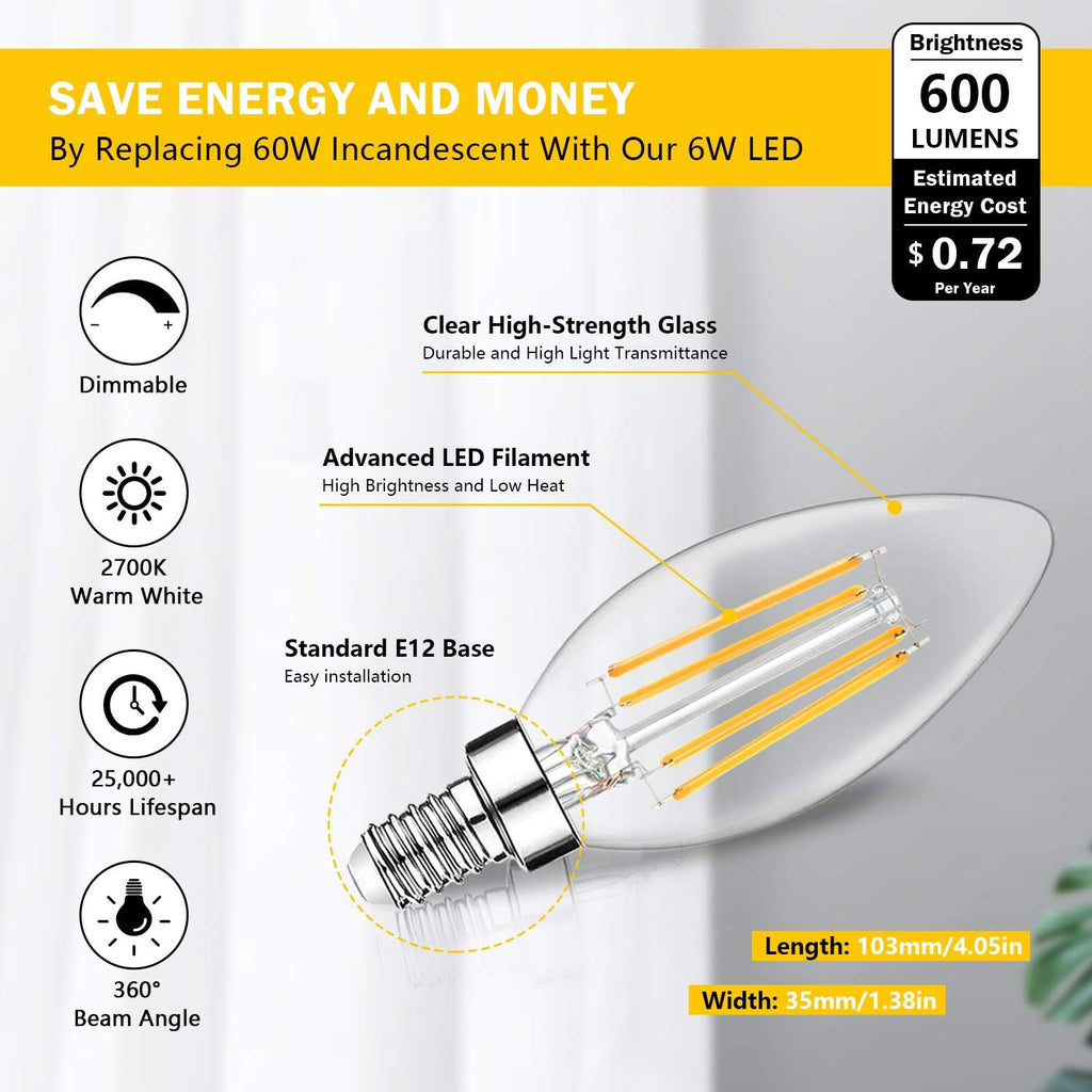 Dimmable E12 LED Candelabra Bulbs 60W Equivalent, 2700K