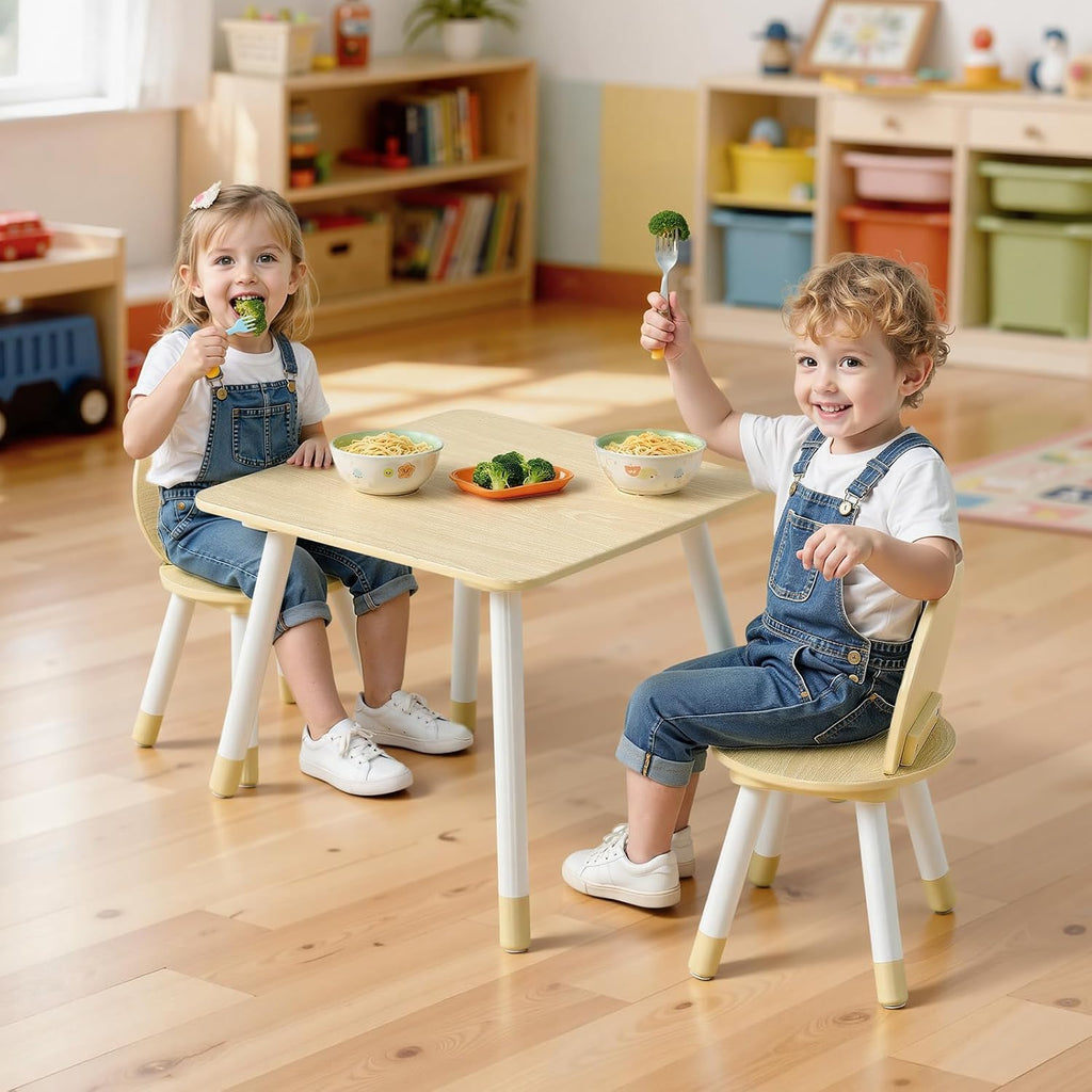 Kids Table and 2 Chairs Set, Toddler Table and Chair Set with Rounded Edge Design & Graffiti Desktop, Wooden Desk