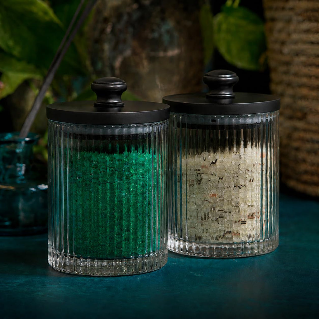 Ribbed Glass Bathroom Jars | Set of 2 Farmhouse Style Storage Canister with Airtight Black Wooden Lids | Cotton