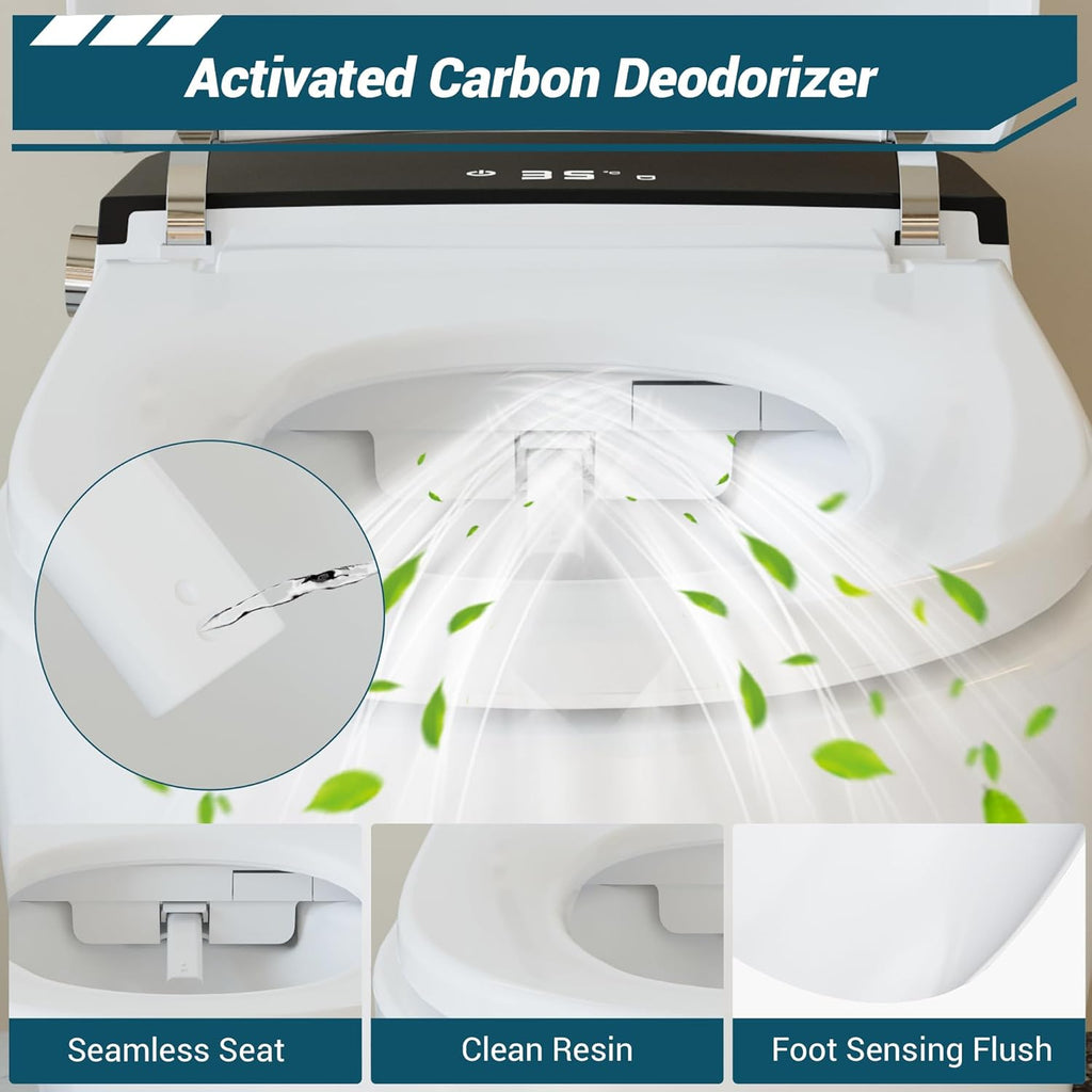 Smart Toilet with Bidet, One-Piece Design, Heated Seat & Auto Open/Close Lid, Foot Sensing & Automatic Flush