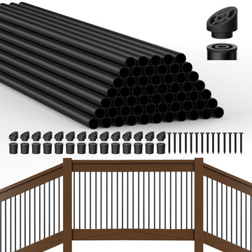 Aluminum Deck Balusters with Anti-UV Black Baluster Connectors, 3/4" Black Aluminum Deck Spindles, Hollow Round