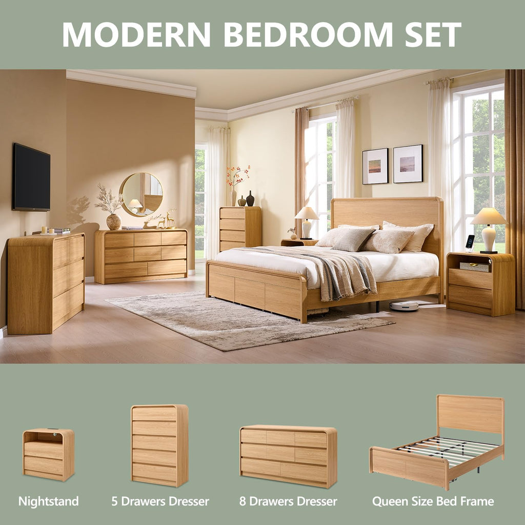Modern Queen Size Bed Frame with 50" Tall Headboard, Natural Oak