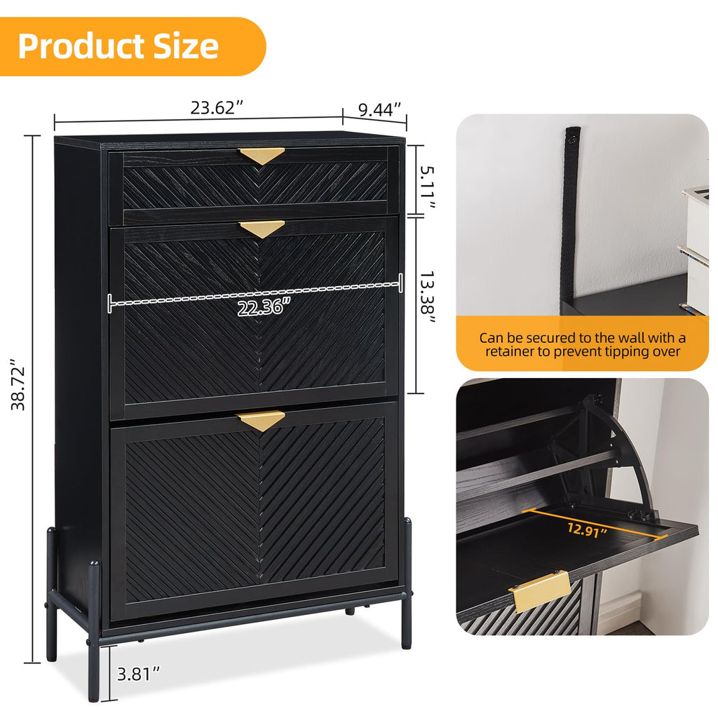 Shoe Cabinet with 2 Flip Drawers, Narrow Entryway Rack, Black