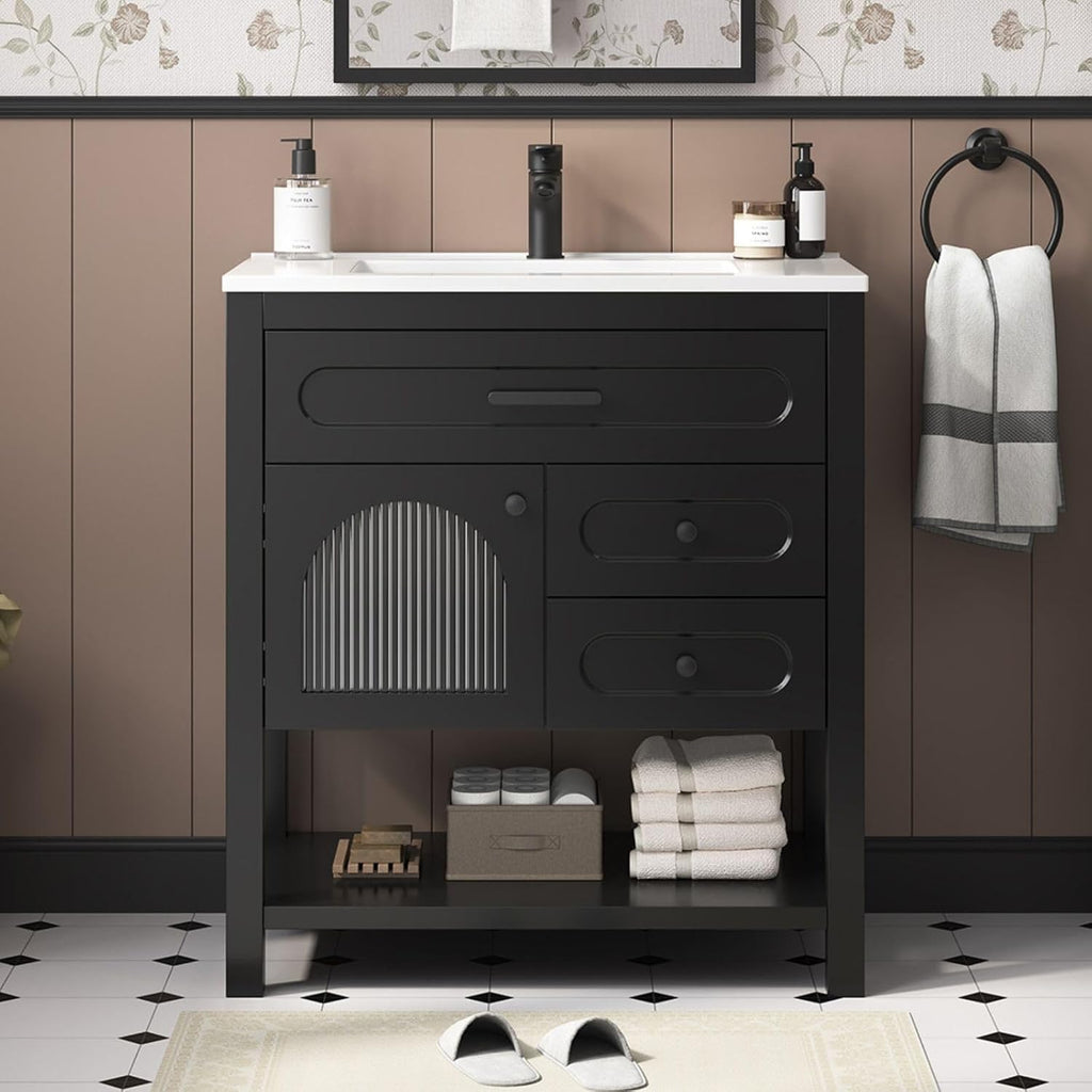 30" Black Freestanding Bathroom Vanity with Sink - Vanity Cabinet with Adjustable Feet