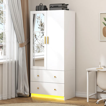 2 Door Wardrobe Closet with Mirrors and LED Lights, Small Bedroom Armoire with Drawers, Modern Wooden Armoire