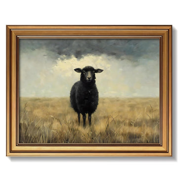 Gold Framed Black Sheep Canvas Wall Art, Vintage Farm Animal Poster Painting Print Picture, Countryside Farmhouse