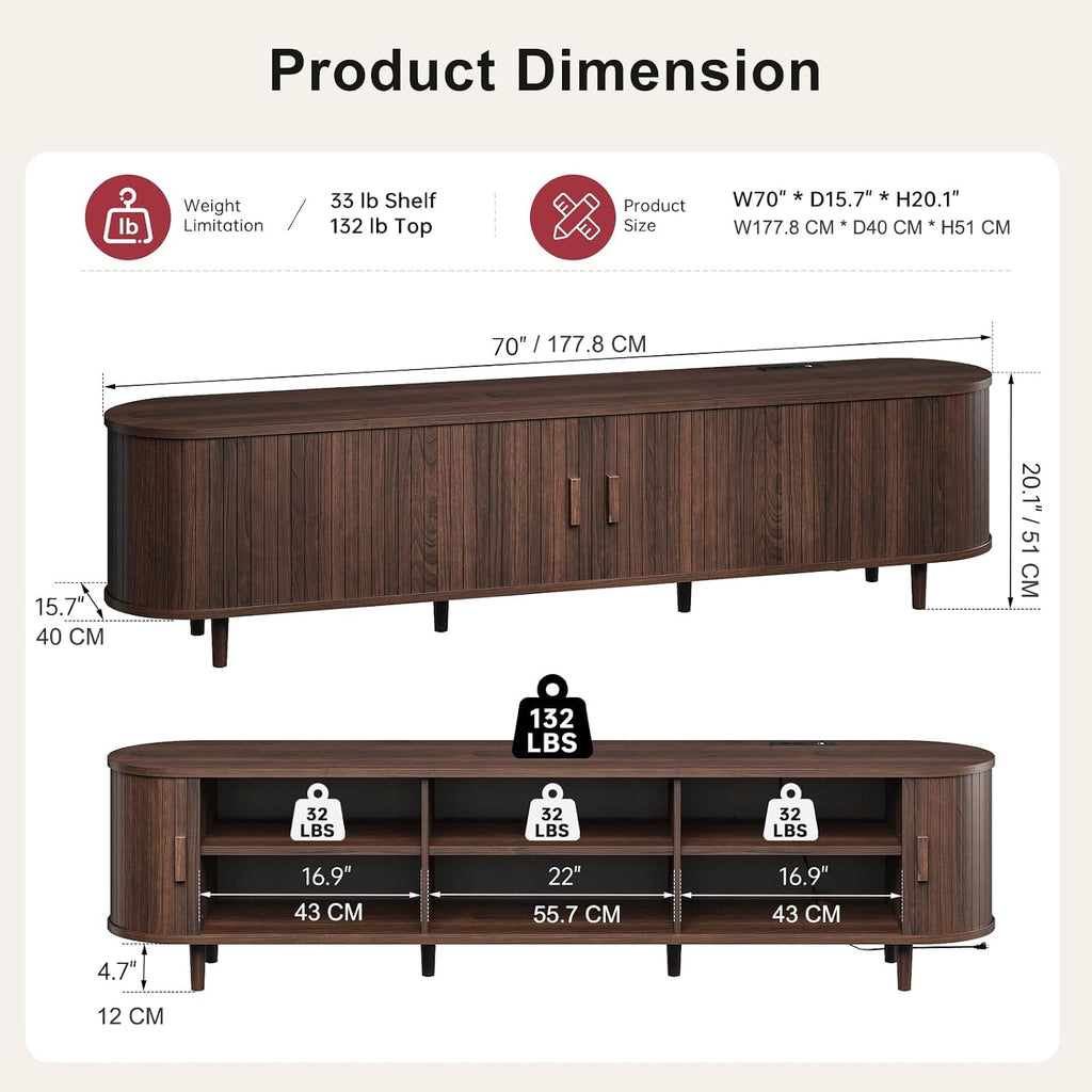 70" Mid Century Modern TV Stand, Wood TV Consoles with Sliding Doors and Power Outlet, Entertainment Center with