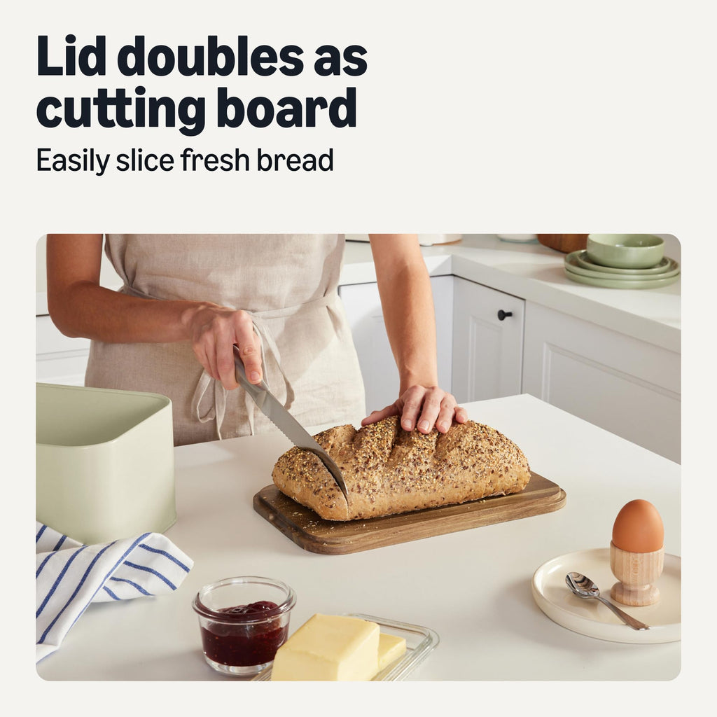Bread Box - Carbon Steel with Acacia Wood Lid, Lid Doubles as Cutting Board, 11.9 x 7.1 x 5.2