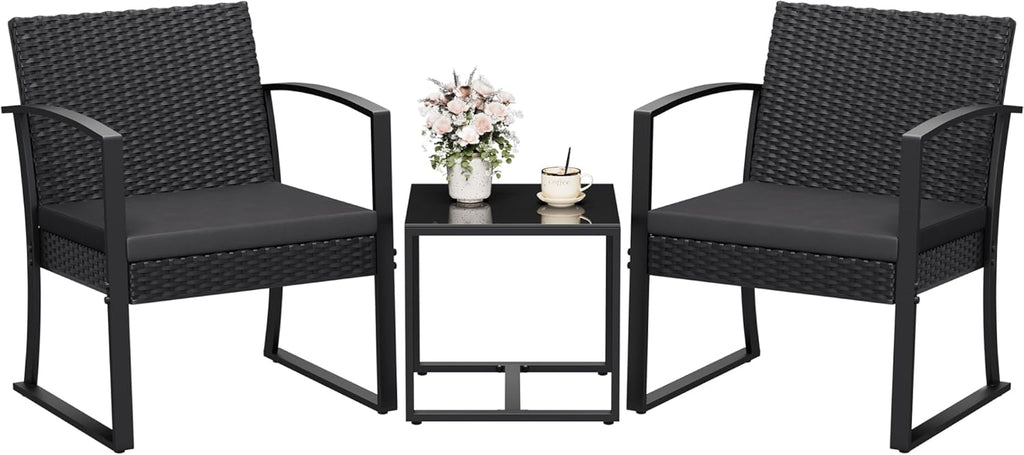 Resin 3 Pieces Patio Furniture Set, Outdoor Bistro Set with Cushions and Glass Table