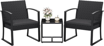 Resin 3 Pieces Patio Furniture Set, Outdoor Bistro Set with Cushions and Glass Table