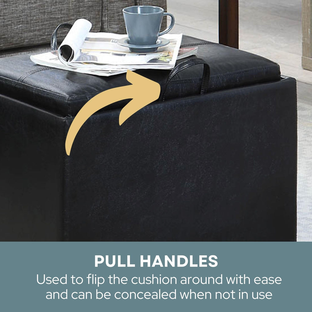 Designs4Comfort Accent Storage Ottoman 22.75" - Modern Foot Stool with Decorative Tray, Black Faux Leather