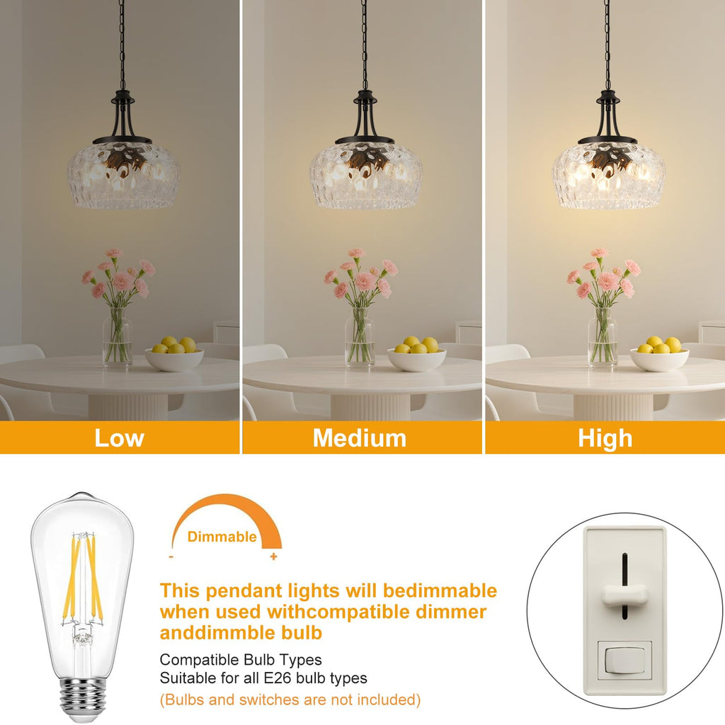 Pendant Lights Kitchen Island, 3-Light Black Pendant Light Fixtures with 14.2" Clear Hammered Glass Shade, Industrial