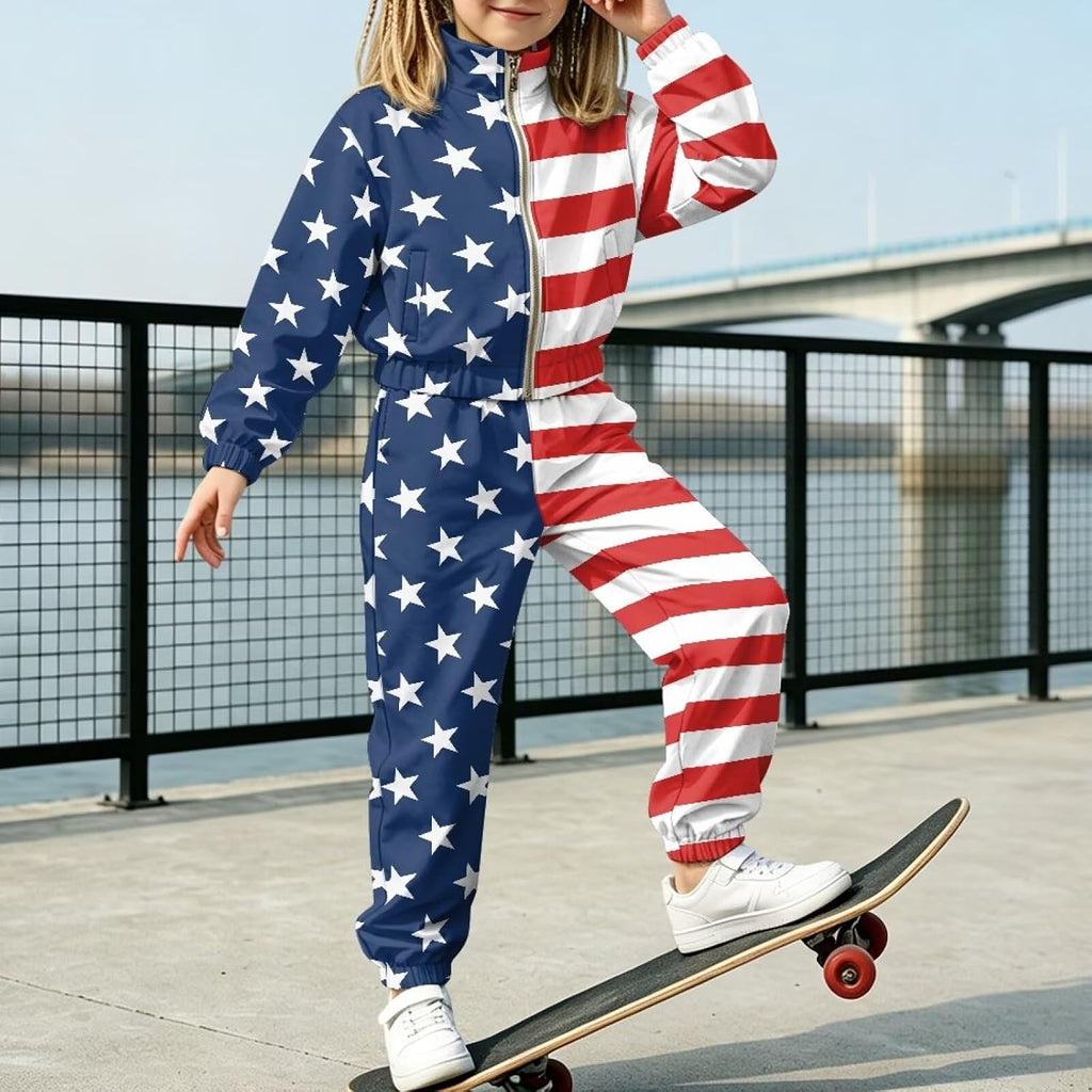 Girls 2 Piece Crop Tracksuit Set Zip Up Jacket & Pants Sweatsuit