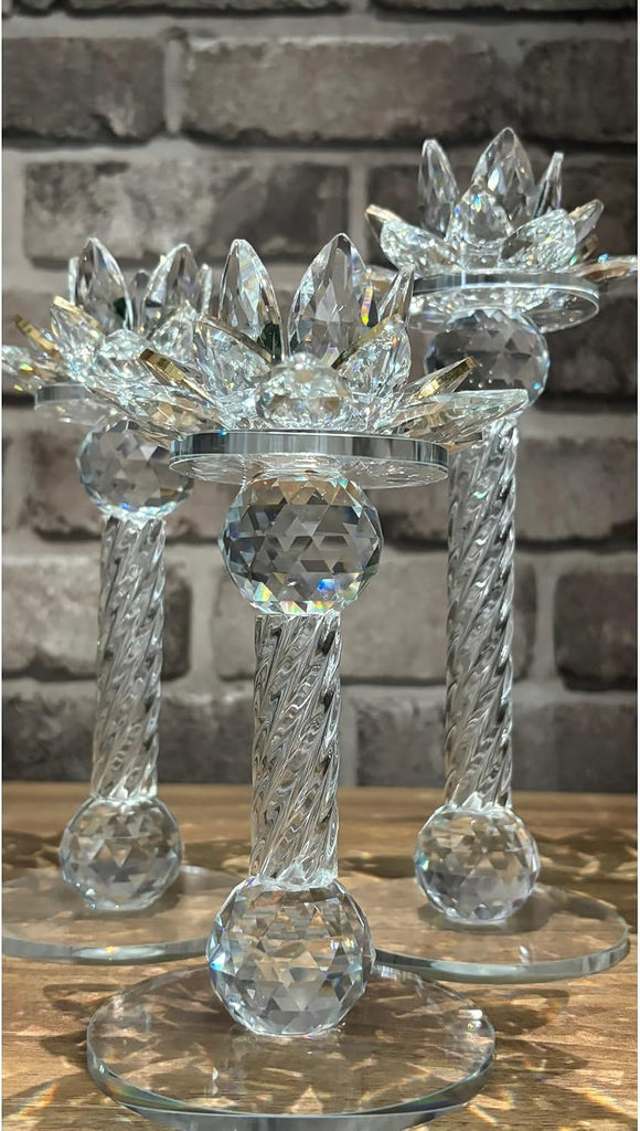 Quality Crystal Glass Lotus Candlestick Set 3-Piece Gold Tone - Decorative Candle Holders Decor - Gold