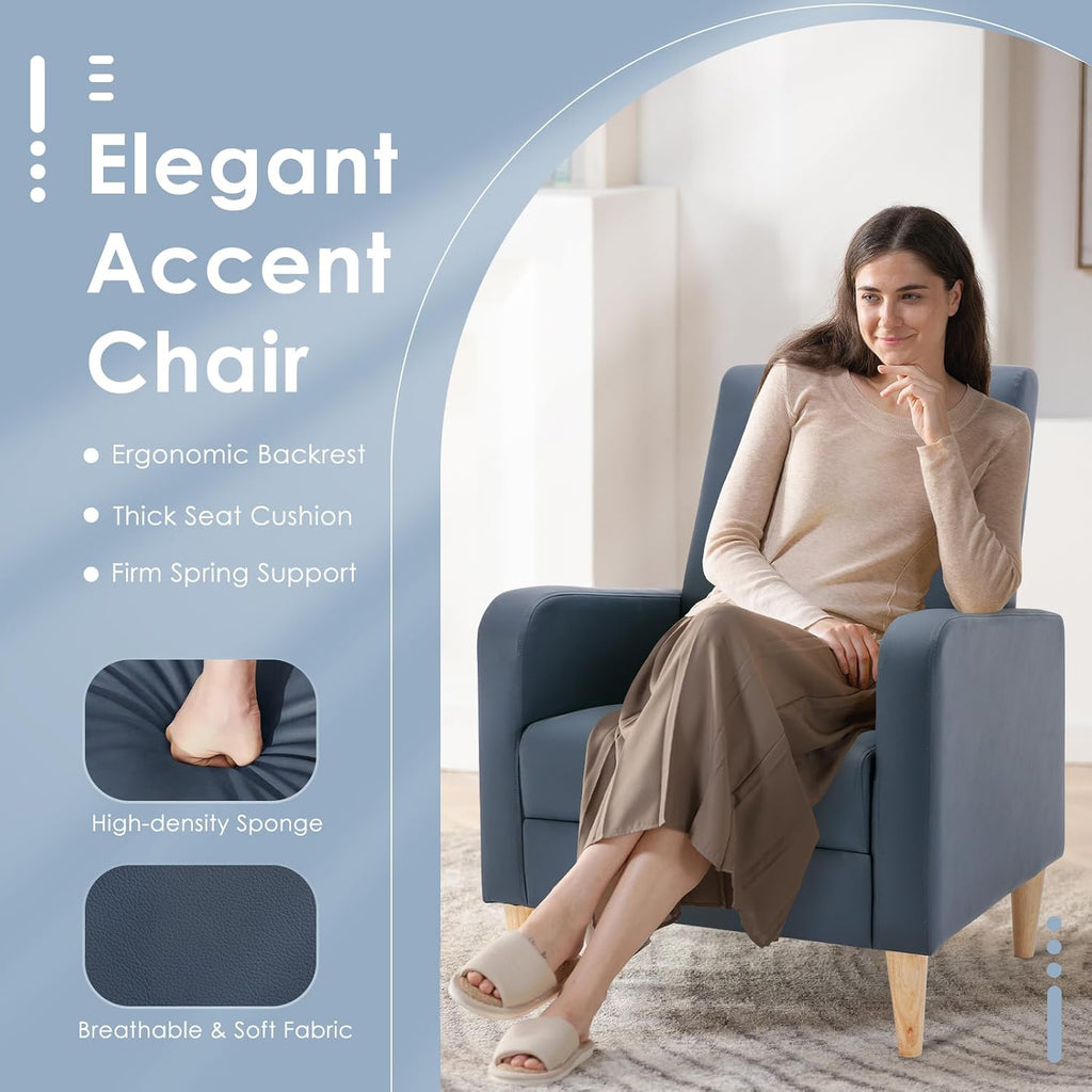 Mid-Century Modern Upholstered Accent Chair with Back Pillow & Solid Wood Legs, Leather Cozy Armchair, Reading Nook - Set of 2