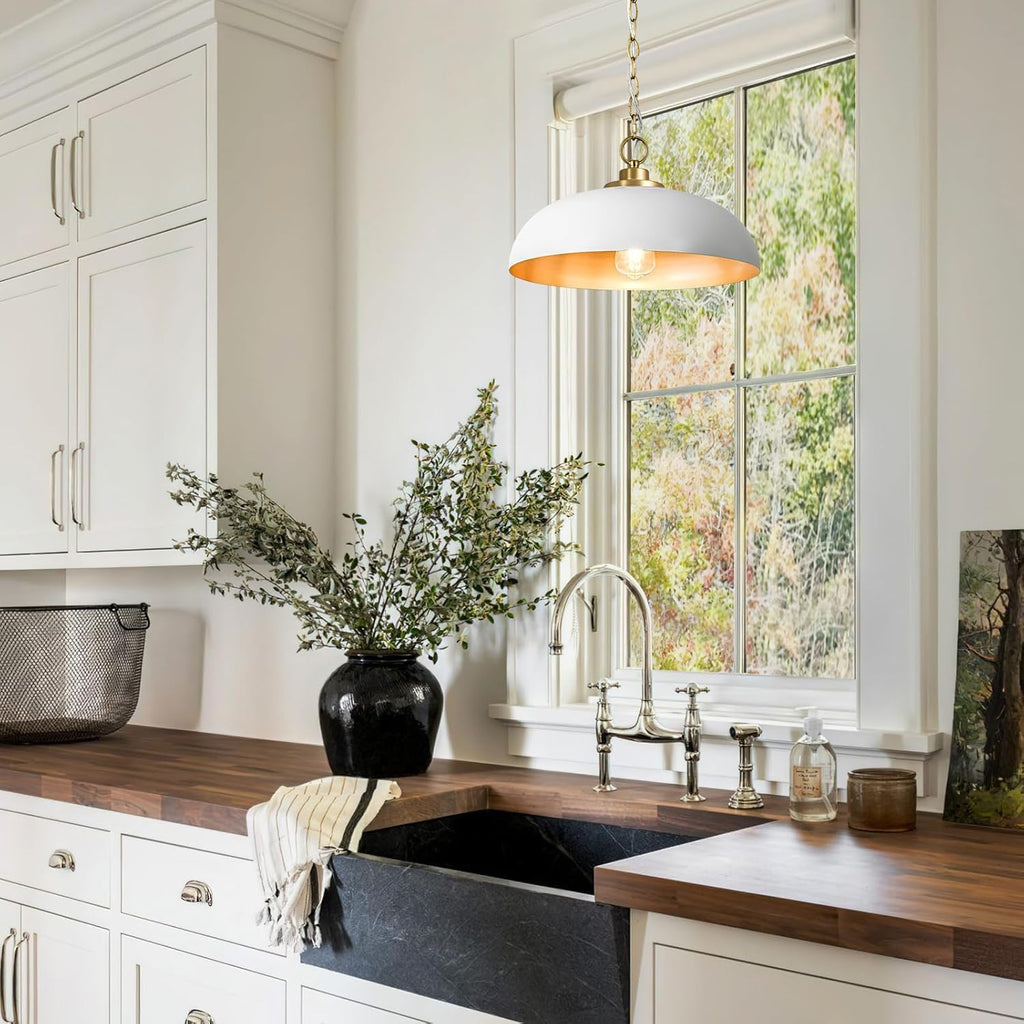 15.7" Pendant Light Fixtures, Farmhouse Pendant Lights Kitchen Island, White Hanging Ceiling Light for Kitchen Island