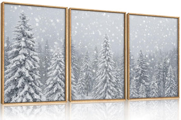 Winter Christmas Tree Snowy Forest Scene Framed Canvas Wall Art Set, Natural Snow Covered Pine Tree Snowflake Wall