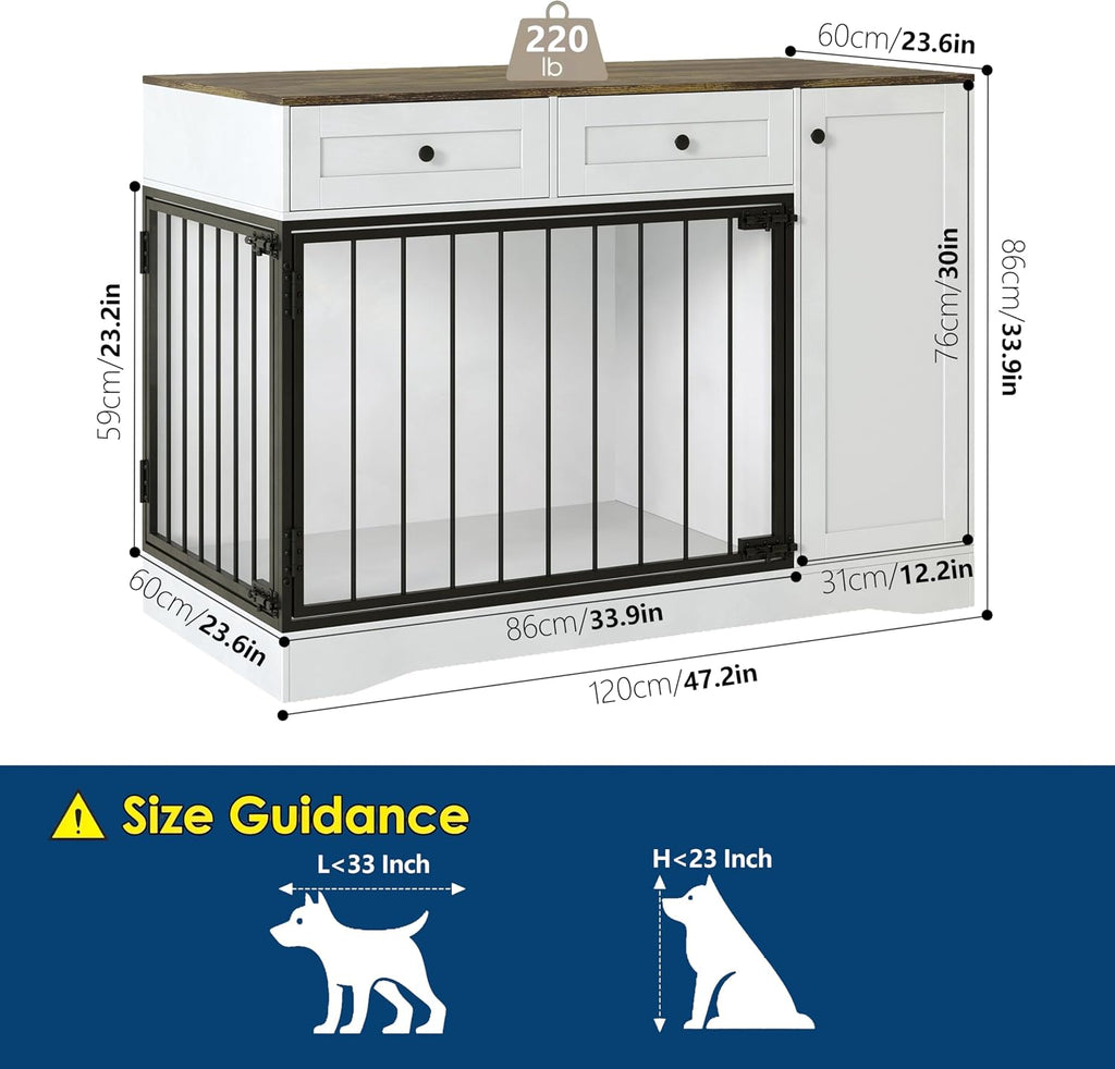 Farmhouse Dog Crate Furniture 47" - Modern Indoor Kennel with Double Doors, TV Stand & Buffet Cabinet, Dog Cage Side