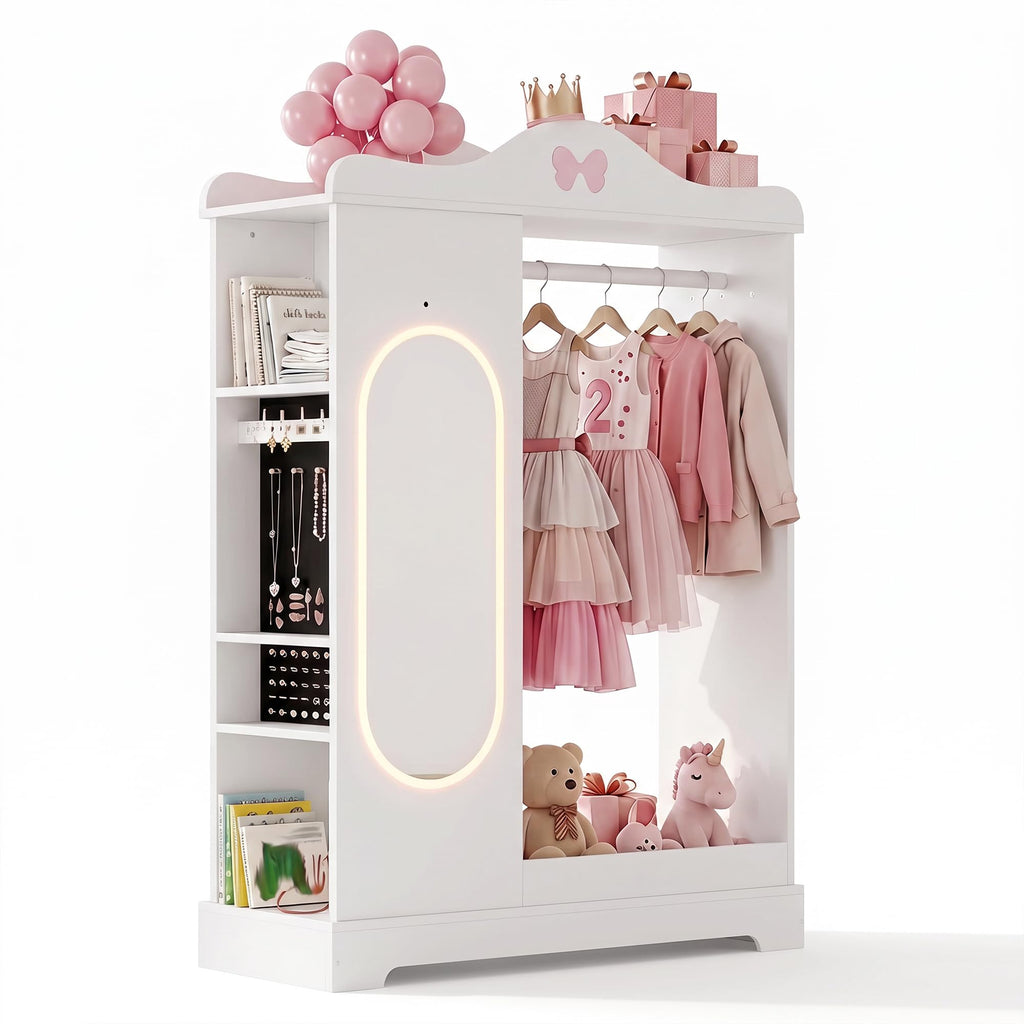 Kids Dress Up Storage with Lighted Mirror, Open Hanging Armoire, White
