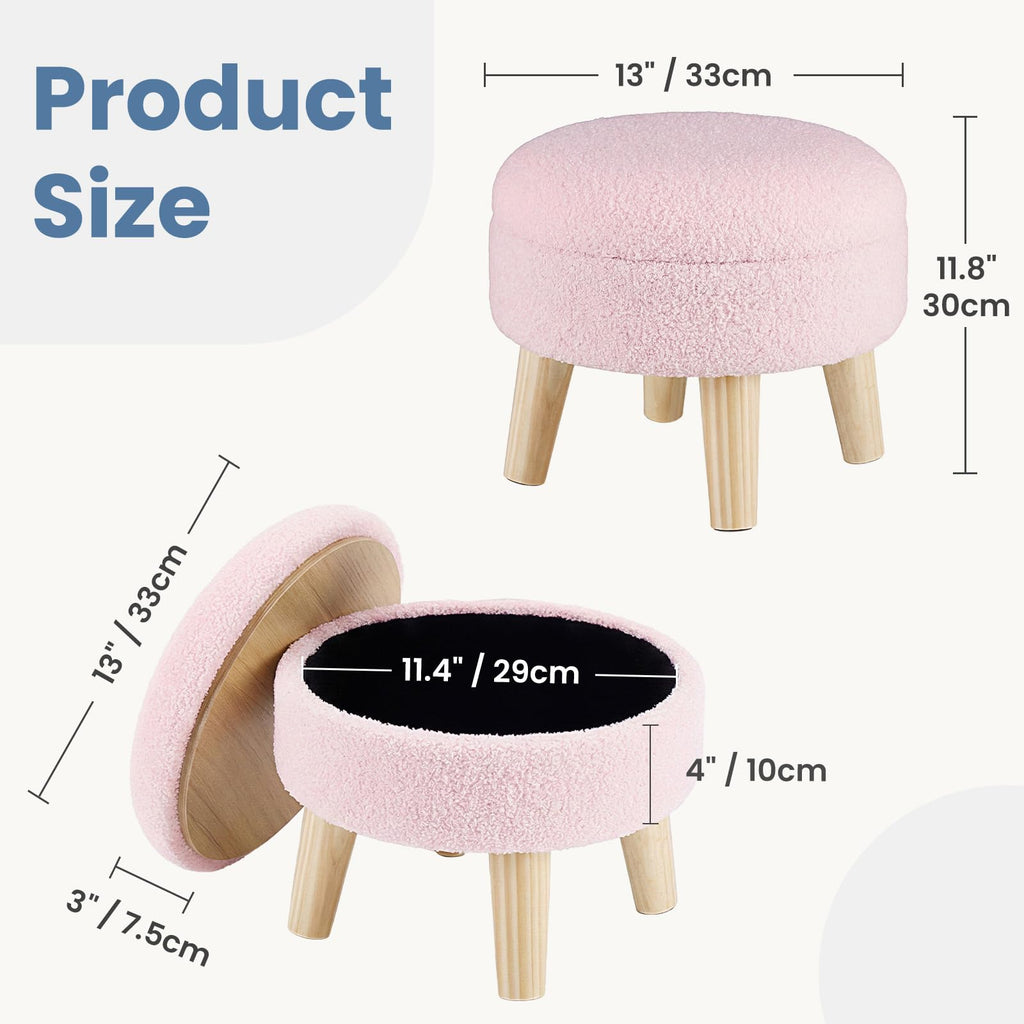 Round Storage Ottoman with Reversible Tray Lid, Multi-Functional Footrest, Teddy Velvet Footstool with Wood Legs