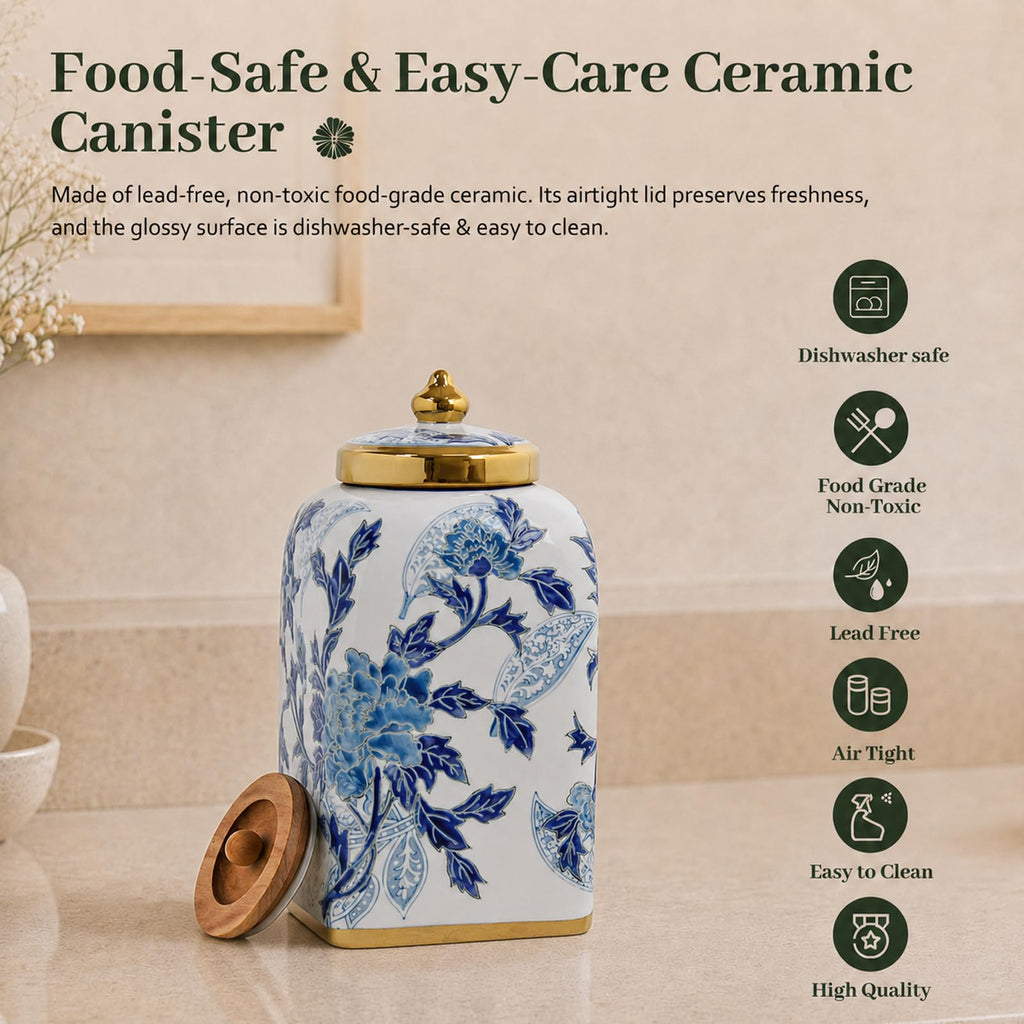 12.5" H Ceramic Kitchen Canisters for Countertop, Tea & Coffee Bean Storage Canister with Airtight Lid, Blue and
