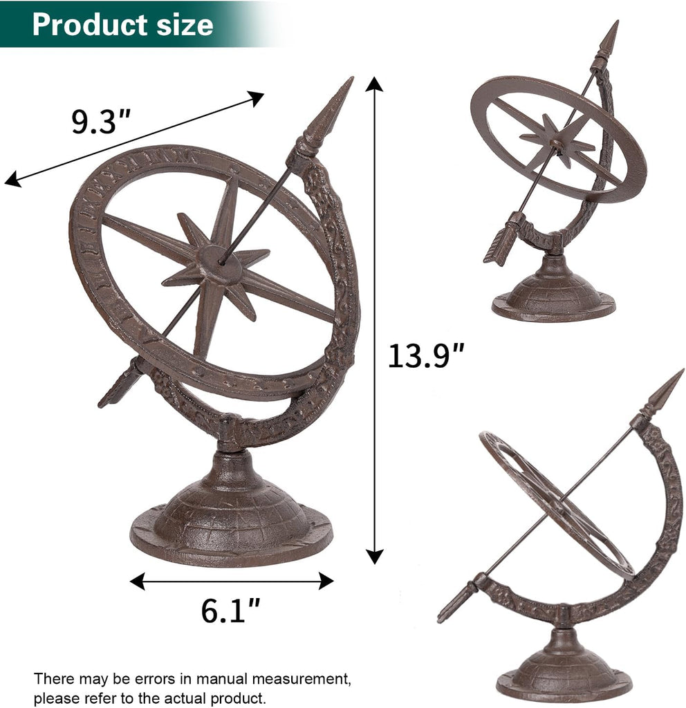 Vintage Cast Iron Armillary Sundial,14.3in Tall & Antique Brown