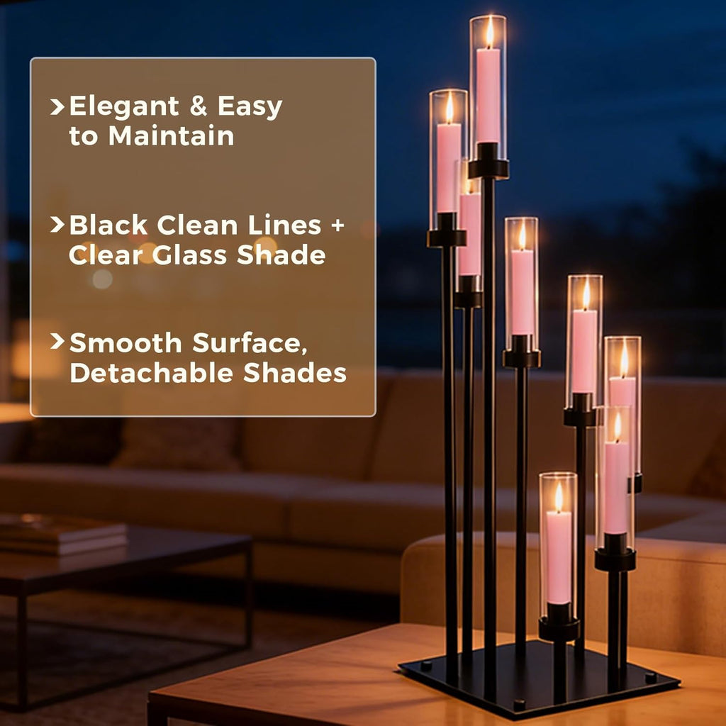 2 Pack Floor Candelabra Centerpieces 8 Arms Floor Candle Holder with Acrylic Shade Pillar, Metal Black Candelabra