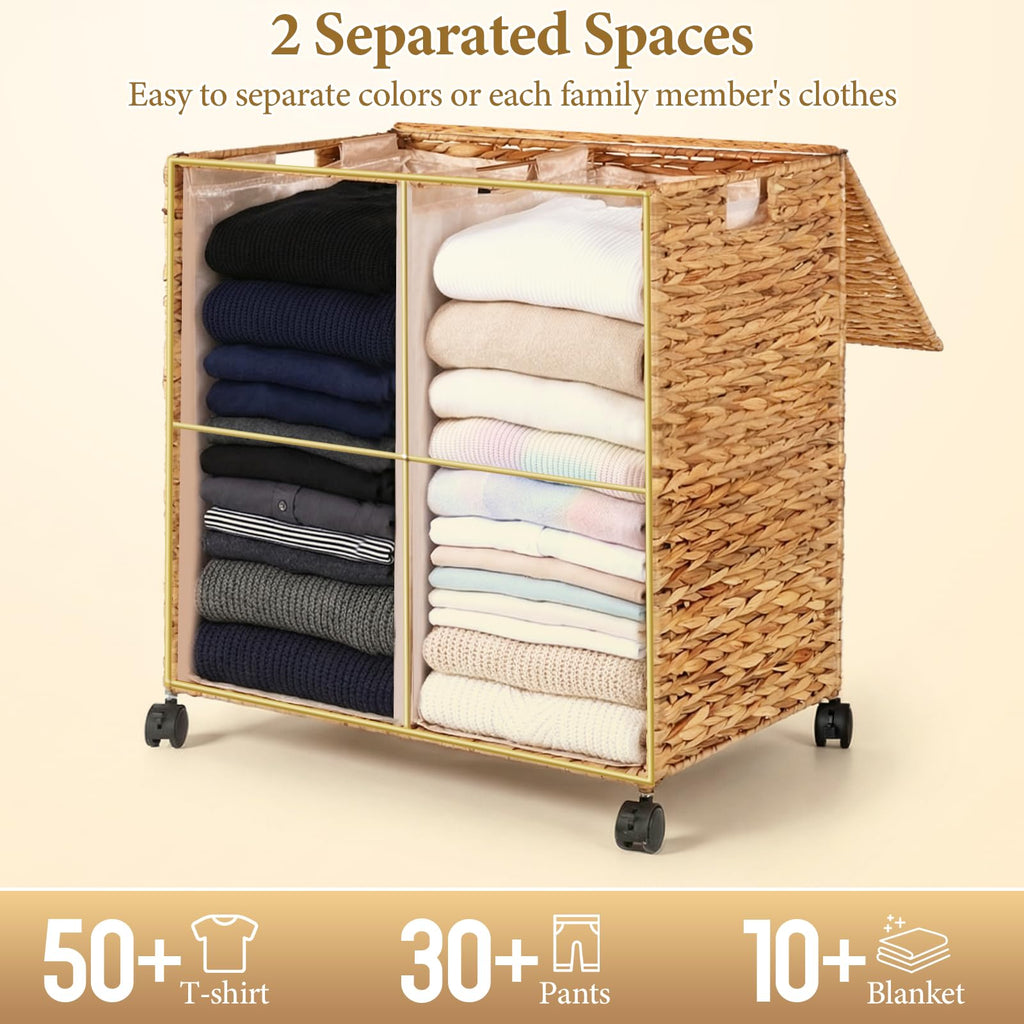 Wicker Laundry Hamper with Lid & Wheel, Rattan Laundry Basket, 120L