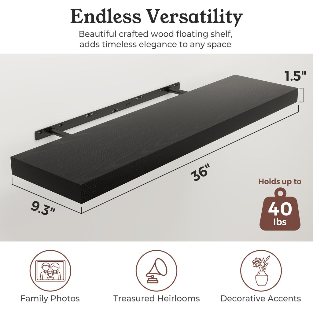 36" Black Floating Shelves Wood Wall Shelf, Black Color, Set of 2