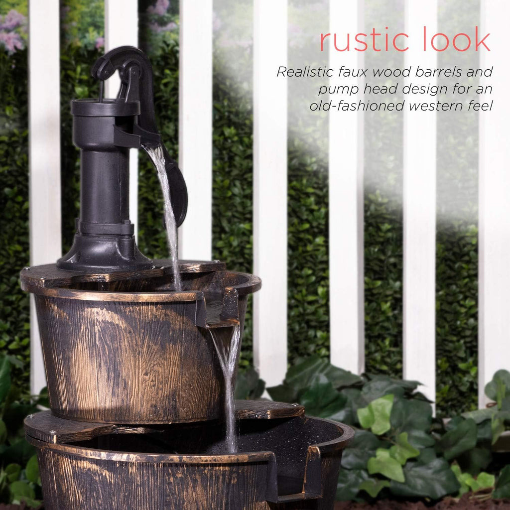 27" Tall Rustic Outdoor 2-Tier Barrel Pump Water Fountain with Soothing Cascading Water Flow, Landscape, Bronze