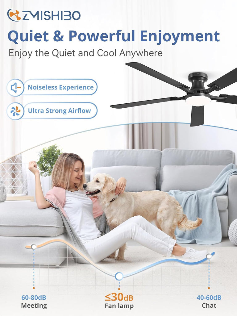 60 Inch Ceiling Fan with Light, App&Remote Control, Flush Mount Low Profile, Dimmable 20W LED Light, Quiet Reversible Motor for Bedroom, Living Room, Apartment, Black A101-B0F8B78QVG