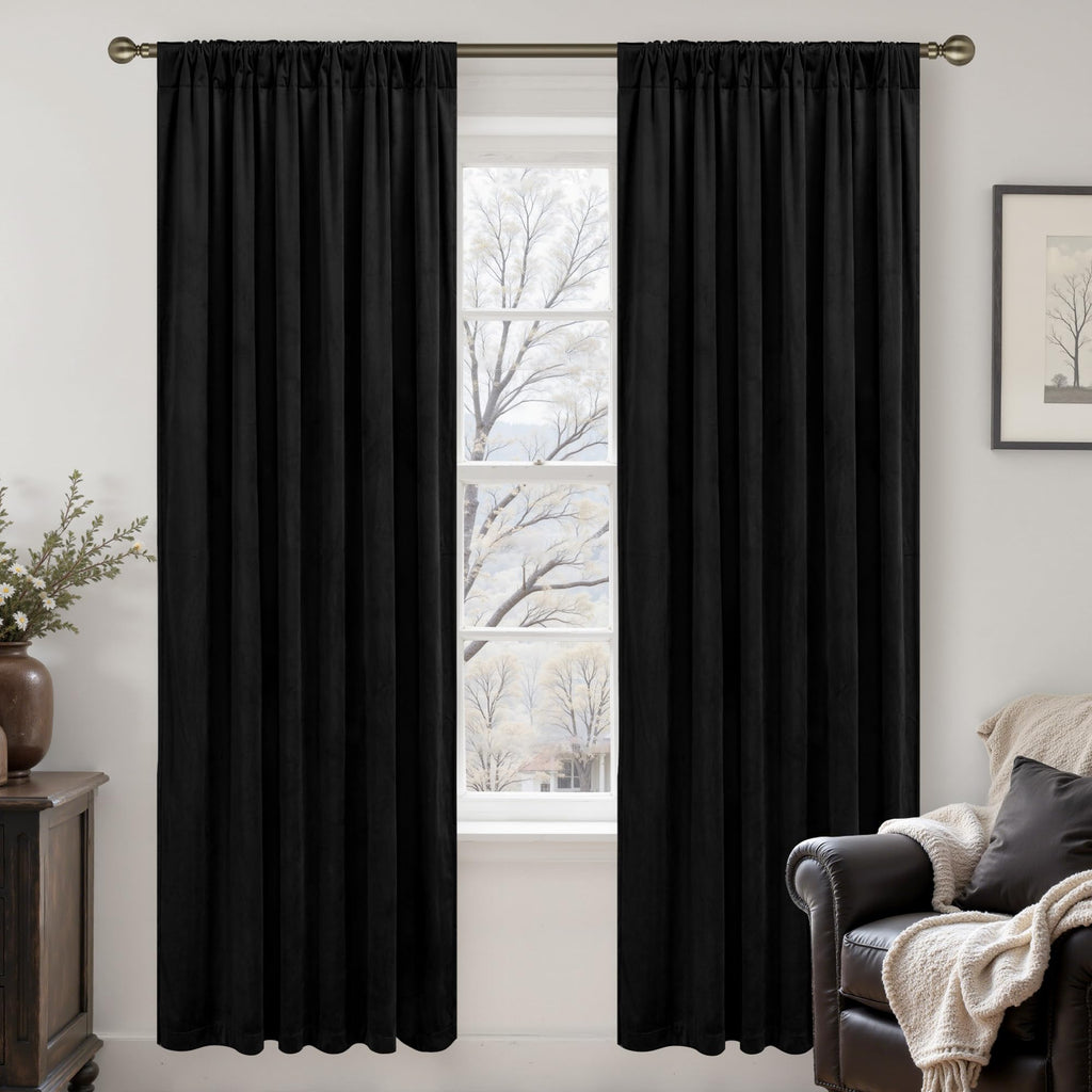 Black Velvet Blackout Curtains 80 Inches Long, 2 Panels