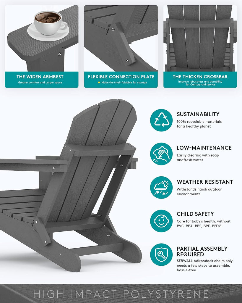 Folding Adirondack Chair with Cup Holder, Fire Pit Chairs - Gray | Foldable Adirondack Chairs for Outdoor
