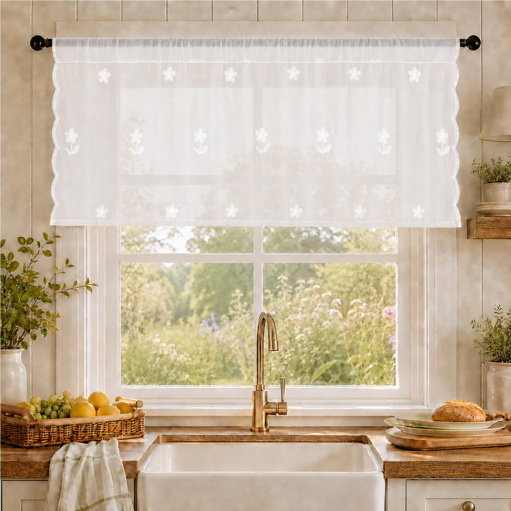Sheer Valances for Windows Embroidered 4 Pack White Floral