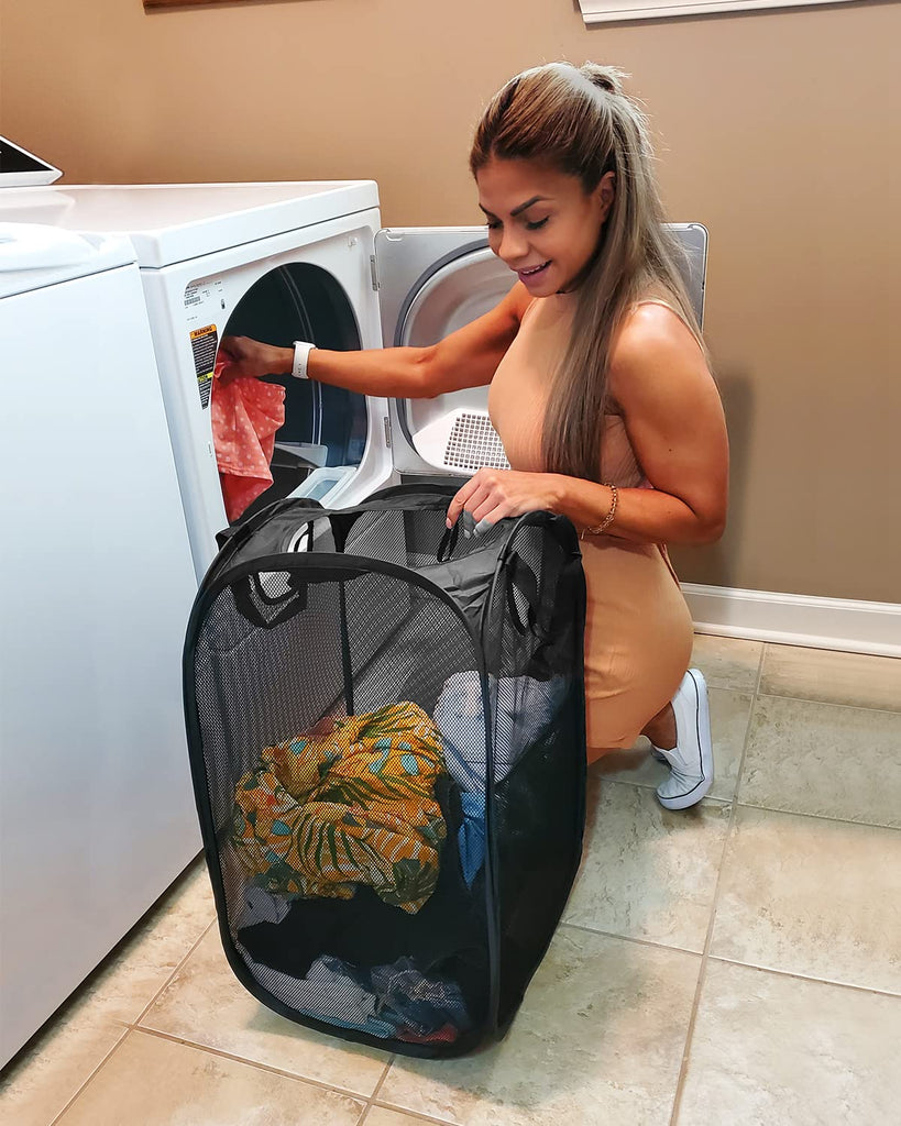 2 Pack Strong Mesh Pop Up Laundry Hamper, 70L Collapsible Laundry Basket with Steel Frame, Double‐Stitched Handles &