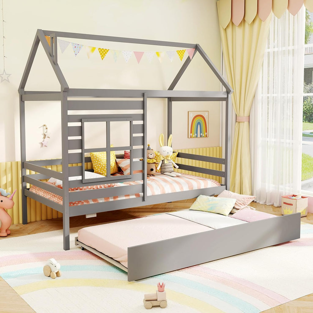 Tw Bed with Trundle Bed, Wooden Twin Bed Frames with Roof, Chimney & Window, Montessori House Bed with Safety