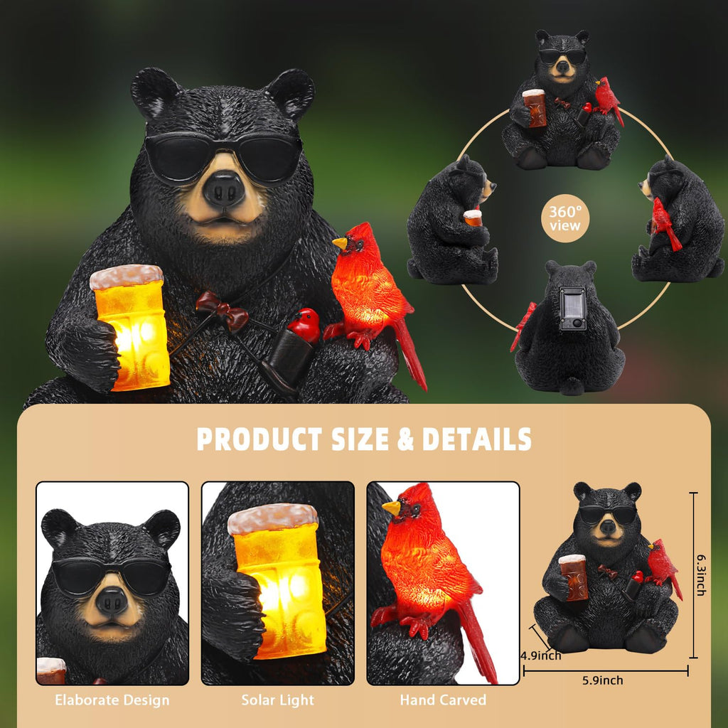 Solar Black Bear Statue for Garden with Beer and Cardinals