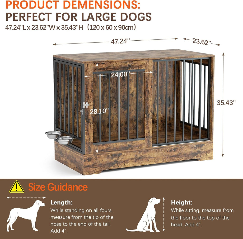 Dog Crate Furniture with Sliding Door: Heavy Duty Dog Kennel with Dog Bowls, Wooden Dog Cage Indoor, Decorative Side
