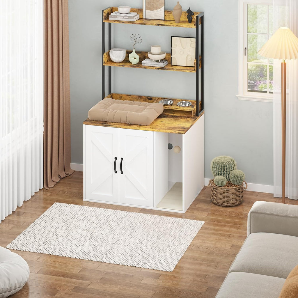 53" H Cat Litter Box Enclosure, Hidden Cabinet w/Storage & Charging, White