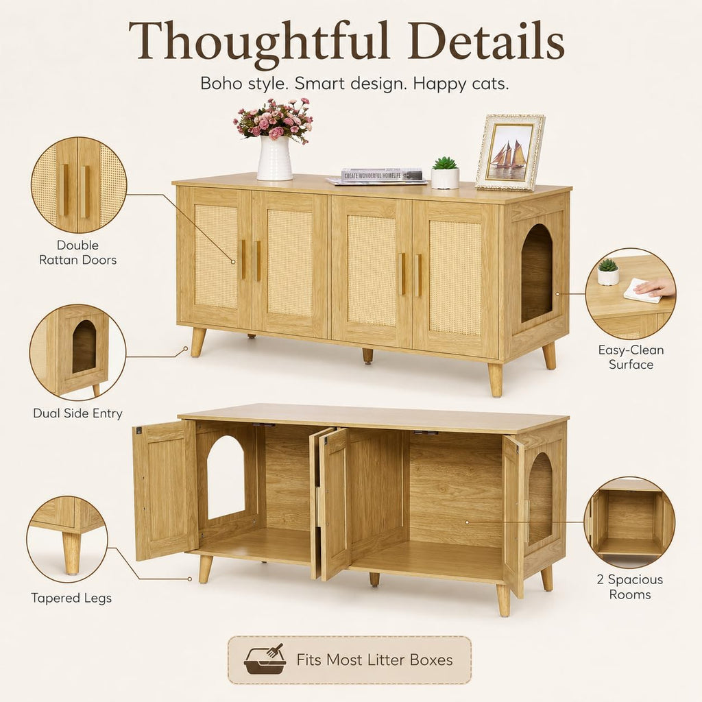 Boho Cat Litter Box Enclosure for 2 Cats, Natural