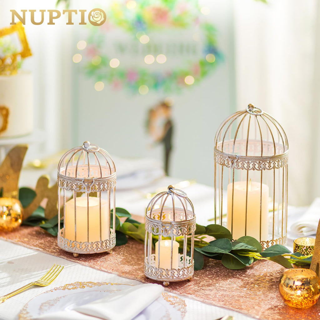 Decorative Candle Lanterns White, Distressed White Metal Bird Cage