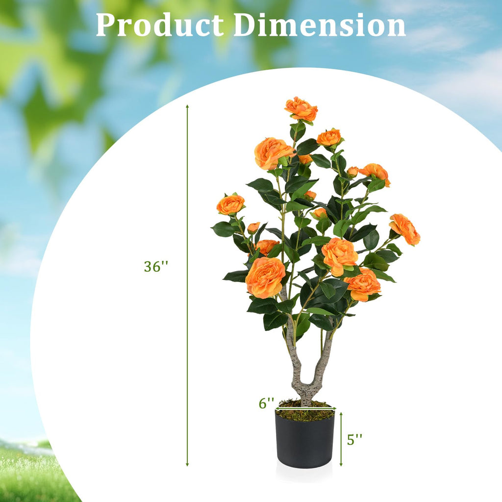 3FT Artificial Camellia Tree, 2 Pack Faux Camellia Plant with Orange Flowers, Solid Wood Trunk, Realistic Moss