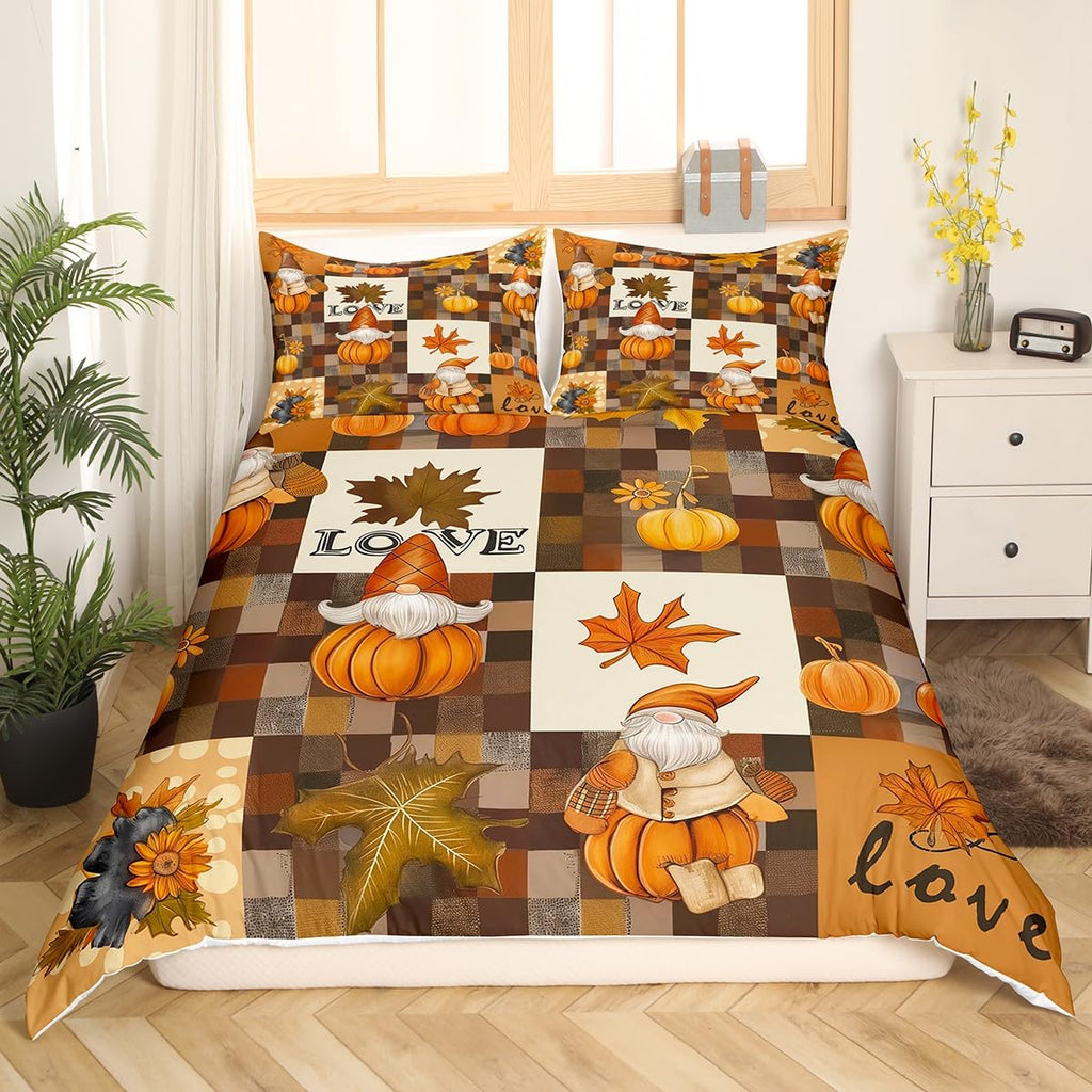 Fall Pumpkin Harvest Duvet Cover Set, Rustic Maple Autumn Leaves Quilt Cover Set(NO Comforter), Patchwork