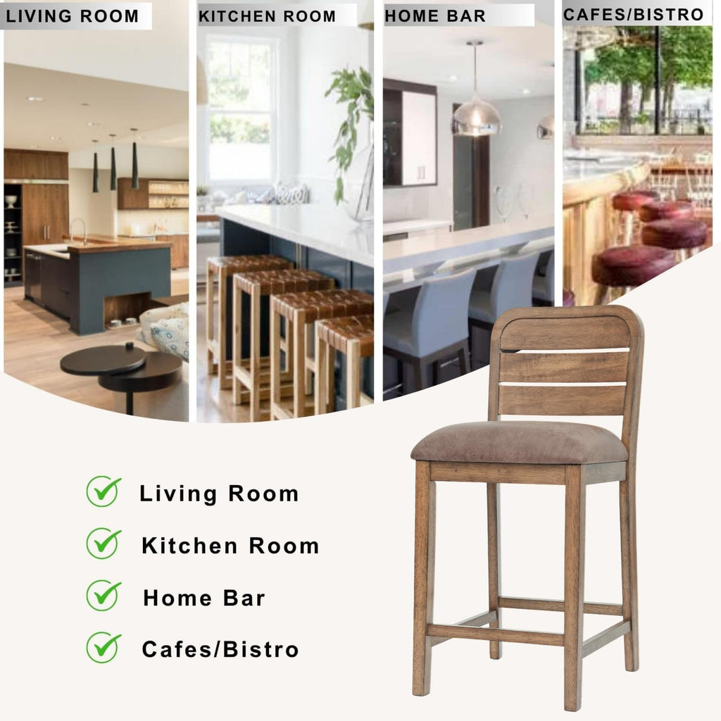 Farmhouse Bar Stools Set of 2, 26" Upholstered Counter Height Stool with Ladder Back, Rustic Wooden Bar Chairs