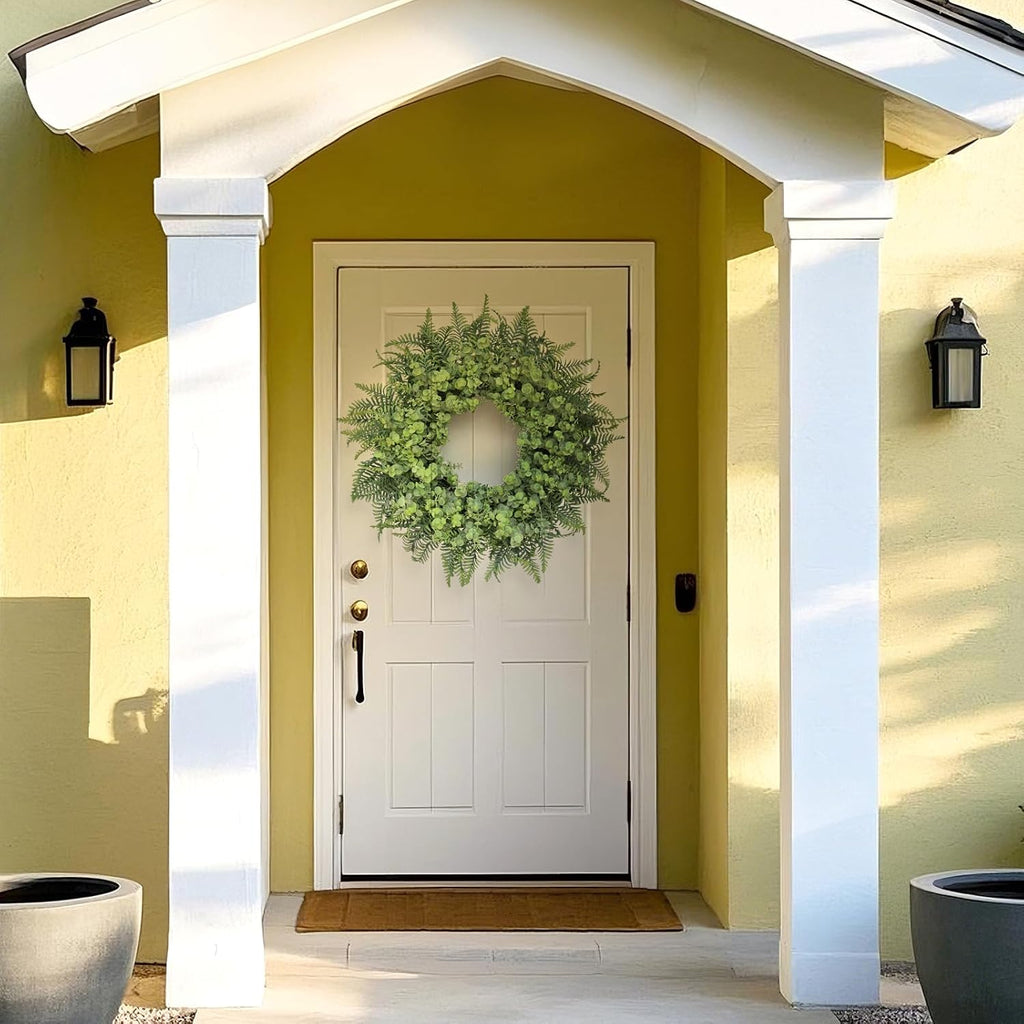 26" Artificial Eucalyptus & Boston Ferns Wreath for Front Door (Gray-Green)