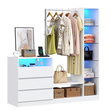 Dresser with Hanging Rack, 3 Drawers Dresser with Charging Station & LED