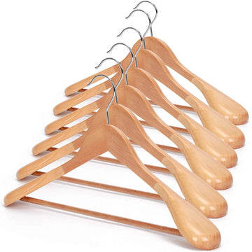 Wooden Suit Hangers, 6 Pack Extra-Wide Shoulder wood Coat Hangers with Non Slip Pant Bar, Extra Smooth and Splinter
