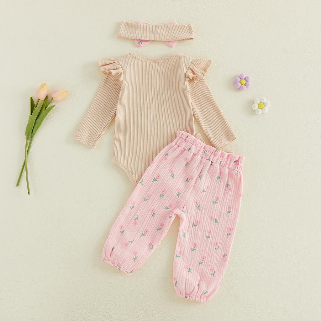Infant Baby Girl Fall Clothes Ribbed Long Sleeve Letter Romper + Floral Pants + Headband Newborn 3 6 12 Outfit