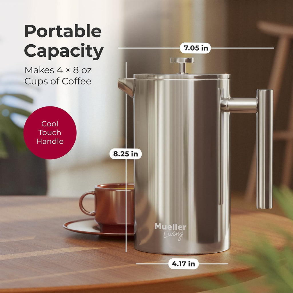 Living French Press Coffee Maker 34oz, Stainless Steel French Press Coffee, 4 Filter Heat Resistant Double Insulated