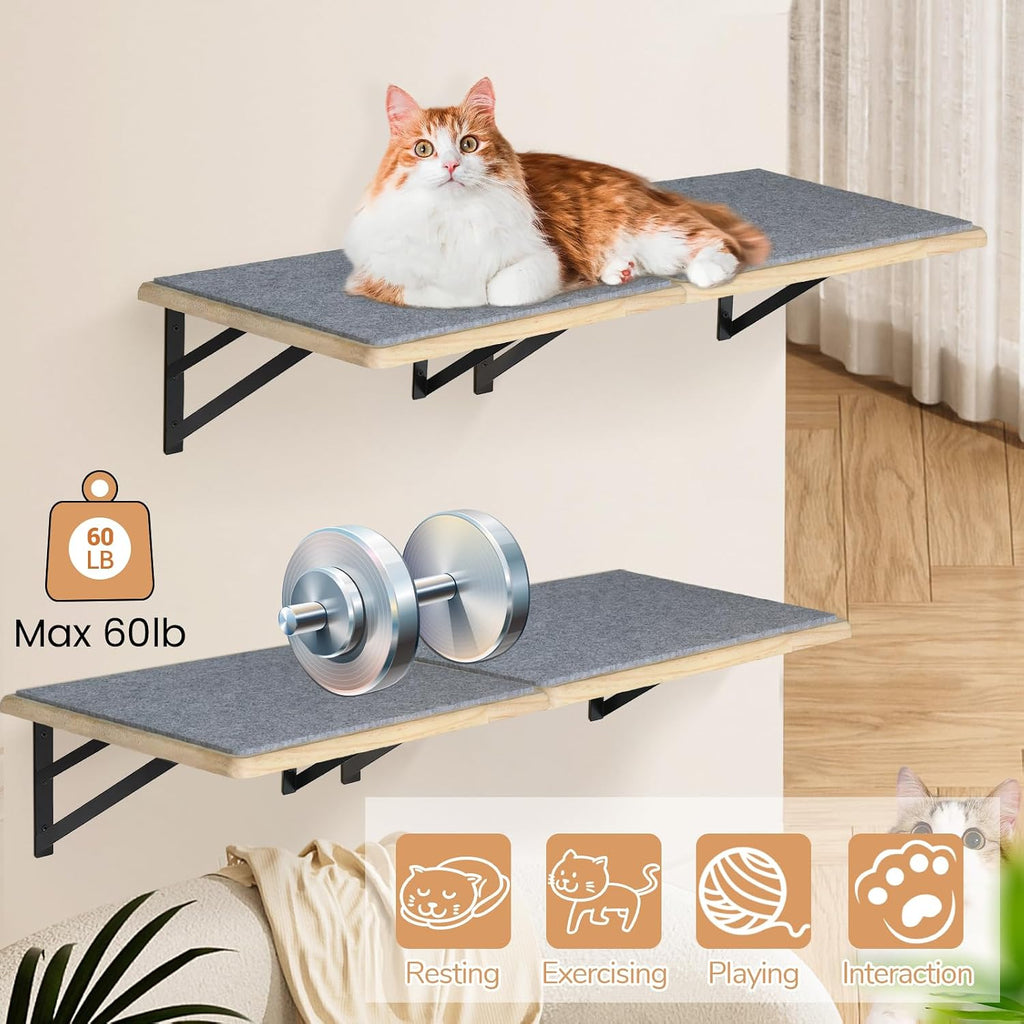 Burlywood Cat Shelves: Set of 4 Wood Cat Furniture Indoors - Climbing Shelf with Wall Mounted Scratching Pad &